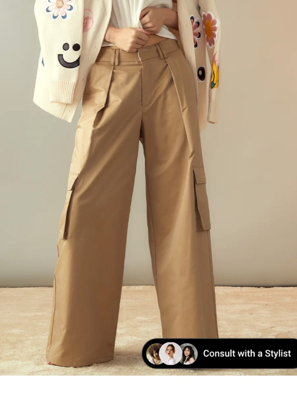 Cynthia Rowley Tan Wide-Leg Cargo Pants